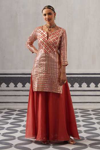 Buy_Palak & Mehak_Coral Chanderi, Muslin Split V-neck, Yes Aba Metallic Embroidered Kurta Set _Online_at_Aza_Fashions