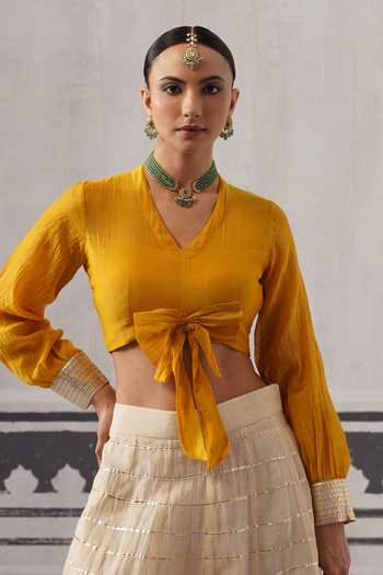 Buy_Palak & Mehak_Cream Organza, Chanderi V-neck Koyal Embellished Lehenga And Blouse Set _Online_at_Aza_Fashions