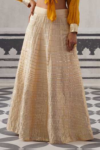 Palak & Mehak_Cream Organza, Chanderi V-neck Koyal Embellished Lehenga And Blouse Set _at_Aza_Fashions