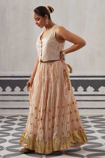 Buy_Palak & Mehak_Cream Chanderi V-neck Isha Embellished Lehenga Set _Online_at_Aza_Fashions