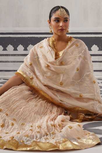 Shop_Palak & Mehak_Cream Chanderi V-neck Isha Embellished Lehenga Set _Online_at_Aza_Fashions