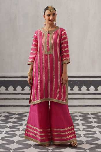 Palak & Mehak_Pink Muslin (mulmul) Round Neck, Yes Kimi Stripe Embellished Kurta Set _Online_at_Aza_Fashions