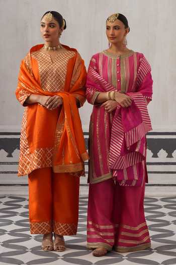 Shop_Palak & Mehak_Pink Muslin (mulmul) Round Neck, Yes Kimi Stripe Embellished Kurta Set _Online_at_Aza_Fashions