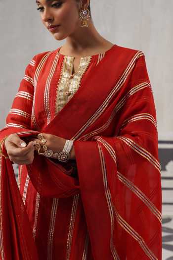 Shop_Palak & Mehak_Red Chanderi Round Neck Kimi Gota Embellished Kurta Set _Online_at_Aza_Fashions