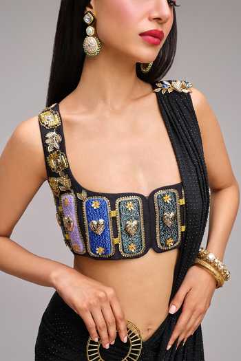 Papa Dont Preach_Black Silk, Lycra Square Neck Midnight Candy Pre-draped Skirt Saree With Blouse _Online_at_Aza_Fashions