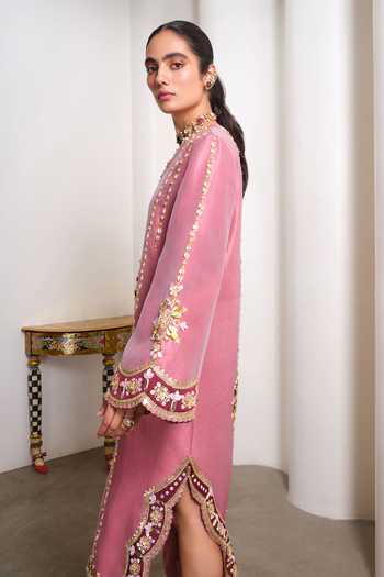 Papa Dont Preach_Pink Silk Notched Neck Heirloom Applique Embroidered Kaftan _Online_at_Aza_Fashions