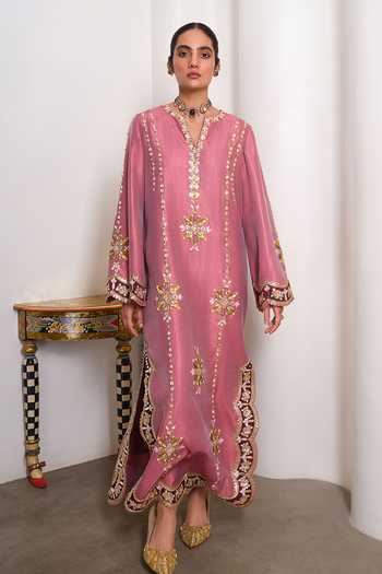 Shop_Papa Dont Preach_Pink Silk Notched Neck Heirloom Applique Embroidered Kaftan _at_Aza_Fashions