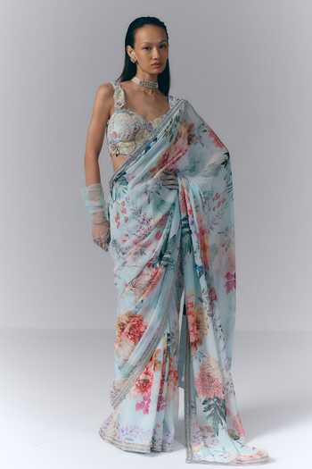 Varun Bahl_Blue Georgette Sweetheart Neck Ethereal Bloom Print Saree With Blouse _Online_at_Aza_Fashions