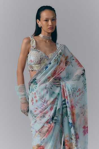 Buy_Varun Bahl_Blue Georgette Sweetheart Neck Ethereal Bloom Print Saree With Blouse _Online_at_Aza_Fashions