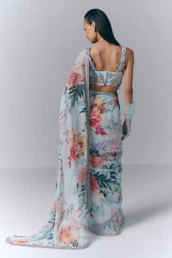 Shop_Varun Bahl_Blue Georgette Sweetheart Neck Ethereal Bloom Print Saree With Blouse _at_Aza_Fashions