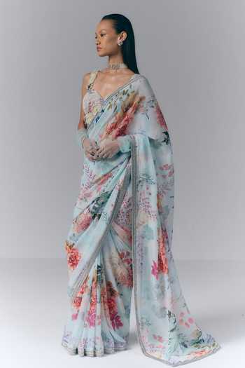Shop_Varun Bahl_Blue Georgette Sweetheart Neck Ethereal Bloom Print Saree With Blouse _Online_at_Aza_Fashions