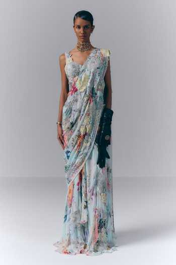 Buy_Varun Bahl_Blue Georgette Sweetheart Neck Celestial Printed Pre-draped Saree With Blouse _at_Aza_Fashions