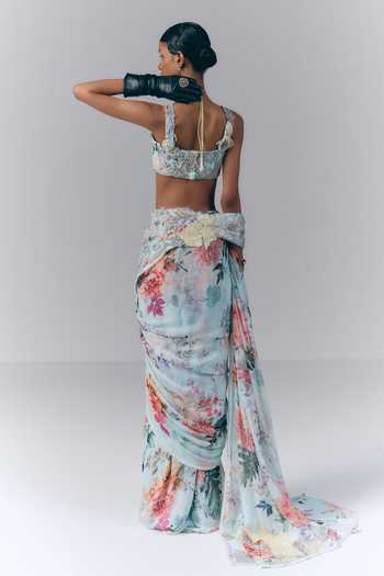Shop_Varun Bahl_Blue Georgette Sweetheart Neck Celestial Printed Pre-draped Saree With Blouse _at_Aza_Fashions
