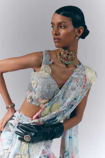 Varun Bahl_Blue Georgette Sweetheart Neck Celestial Printed Pre-draped Saree With Blouse _Online_at_Aza_Fashions