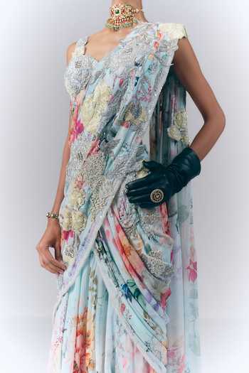 Buy_Varun Bahl_Blue Georgette Sweetheart Neck Celestial Printed Pre-draped Saree With Blouse _Online_at_Aza_Fashions