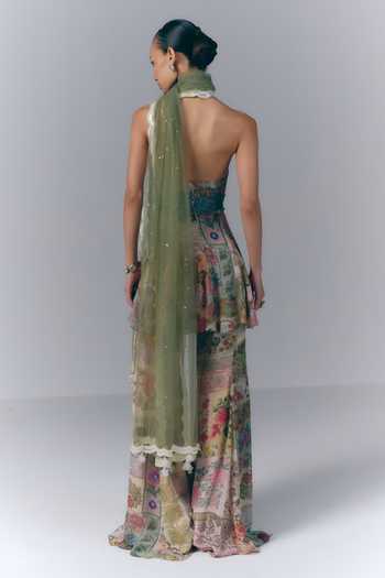Shop_Varun Bahl_Multi Color Georgette Halter Neck Eden Bloom Print Peplum Top Sharara Set _at_Aza_Fashions