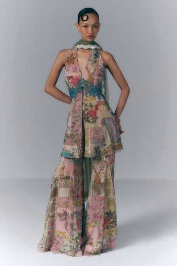 Buy_Varun Bahl_Multi Color Georgette Halter Neck Eden Bloom Print Peplum Top Sharara Set _at_Aza_Fashions