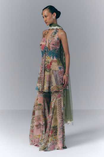 Varun Bahl_Multi Color Georgette Halter Neck Eden Bloom Print Peplum Top Sharara Set _Online_at_Aza_Fashions