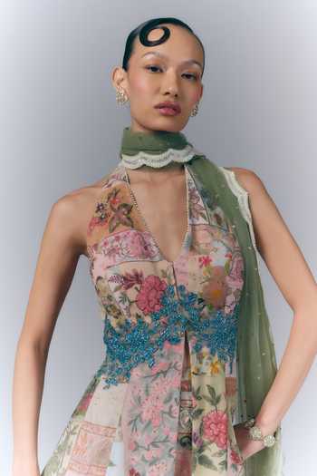 Buy_Varun Bahl_Multi Color Georgette Halter Neck Eden Bloom Print Peplum Top Sharara Set _Online_at_Aza_Fashions