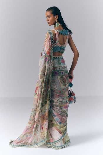 Shop_Varun Bahl_Multi Color Georgette Leaf Neck Botanical Mosaic Print Saree With Blouse _at_Aza_Fashions