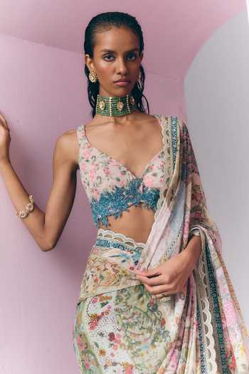Varun Bahl_Multi Color Georgette Leaf Neck Botanical Mosaic Print Saree With Blouse _Online_at_Aza_Fashions