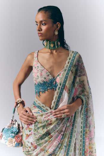 Buy_Varun Bahl_Multi Color Georgette Leaf Neck Botanical Mosaic Print Saree With Blouse _Online_at_Aza_Fashions
