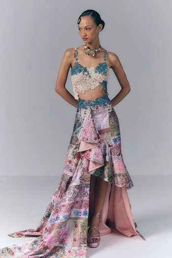 Buy_Varun Bahl_Multi Color Dupion, Polyester Printed Top And Asymmetric Skirt Set _at_Aza_Fashions
