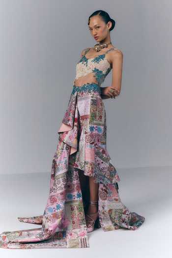 Varun Bahl_Multi Color Dupion, Polyester Printed Top And Asymmetric Skirt Set _Online_at_Aza_Fashions