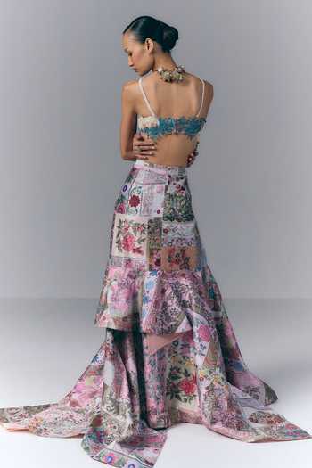 Shop_Varun Bahl_Multi Color Dupion, Polyester Printed Top And Asymmetric Skirt Set _at_Aza_Fashions