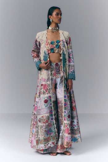 Buy_Varun Bahl_Multi Color Dupion, Polyester Fabric Patchwork Printed Jacket Palazzo Set _at_Aza_Fashions