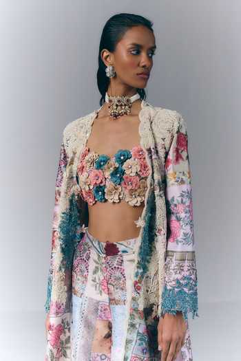 Varun Bahl_Multi Color Dupion, Polyester Fabric Patchwork Printed Jacket Palazzo Set _Online_at_Aza_Fashions