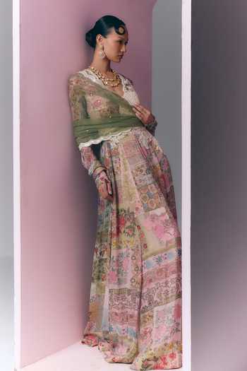 Varun Bahl_Multi Color Georgette Plunge Neck Patchwork Embroidered Anarkali With Dupatta _Online_at_Aza_Fashions