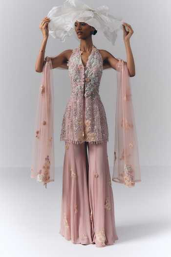 Varun Bahl_Pink Satin Halter Neck Embroidered Kurta Sharara Set _Online_at_Aza_Fashions