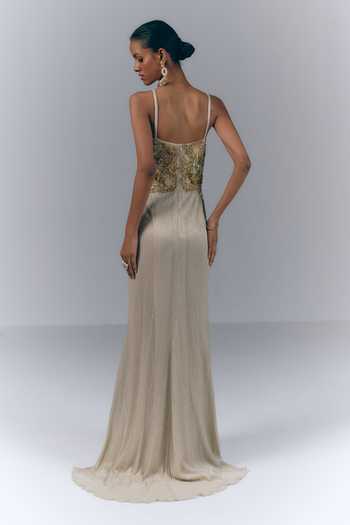 Shop_Varun Bahl_Gold Net Sequins, Beads, Applique, Metallic Thread Hand Embroidered Draped Gown _at_Aza_Fashions