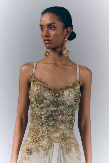 Varun Bahl_Gold Net Sequins, Beads, Applique, Metallic Thread Hand Embroidered Draped Gown _Online_at_Aza_Fashions