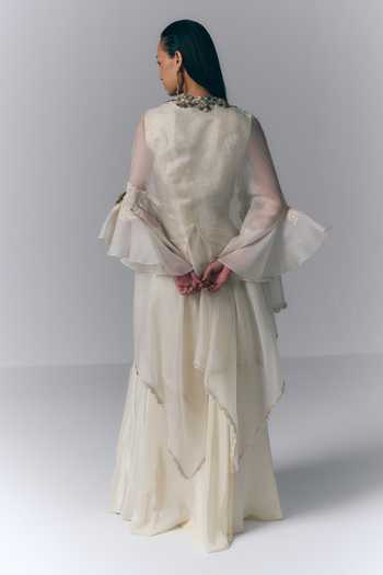 Shop_Varun Bahl_Ivory Organza, Crepe, Brocade Open Neck, Embroidered Cape Sharara Set _at_Aza_Fashions