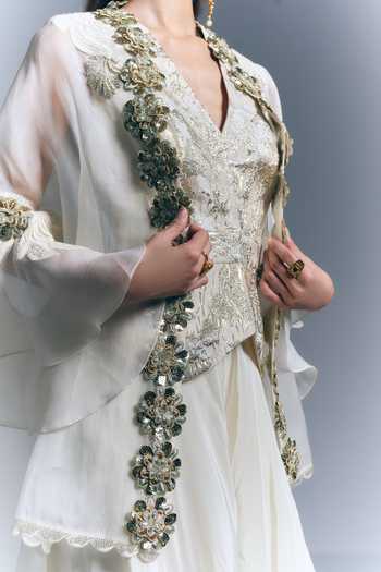 Buy_Varun Bahl_Ivory Organza, Crepe, Brocade Open Neck, Embroidered Cape Sharara Set _Online_at_Aza_Fashions