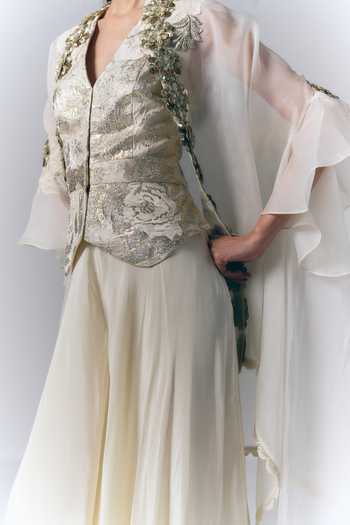 Shop_Varun Bahl_Ivory Organza, Crepe, Brocade Open Neck, Embroidered Cape Sharara Set _Online_at_Aza_Fashions