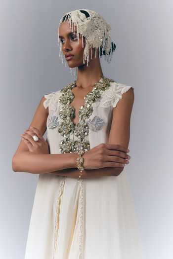 Buy_Varun Bahl_Ivory Crepe, Viscose Plunge Neck Floral Applique Work Kaftan _Online_at_Aza_Fashions