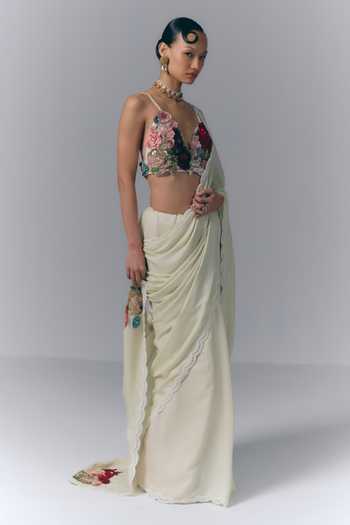 Varun Bahl_Ivory Satin, Chiffon Sweetheart Neck Pre-draped Saree With Embroidered Blouse _Online_at_Aza_Fashions