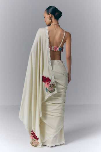 Shop_Varun Bahl_Ivory Satin, Chiffon Sweetheart Neck Pre-draped Saree With Embroidered Blouse _at_Aza_Fashions