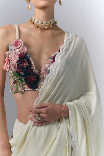Buy_Varun Bahl_Ivory Satin, Chiffon Sweetheart Neck Pre-draped Saree With Embroidered Blouse _Online_at_Aza_Fashions