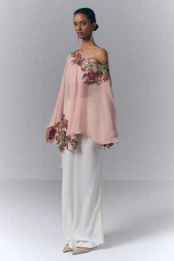 Varun Bahl_Peach Georgette, Microfiber One Shoulder Petal Embroidered Kaftan And Pant Set _Online_at_Aza_Fashions