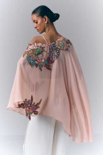 Shop_Varun Bahl_Peach Georgette, Microfiber One Shoulder Petal Embroidered Kaftan And Pant Set _at_Aza_Fashions