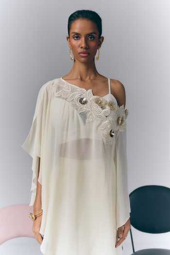 Varun Bahl_Ivory Georgette Asymmetric Neck Embellished Kaftan And Pant Set _Online_at_Aza_Fashions
