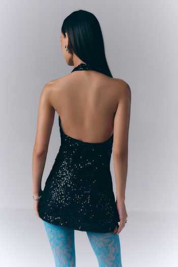 Shop_Varun Bahl_Black Net Halter Neck Sequin Embroidered Short Dress _at_Aza_Fashions