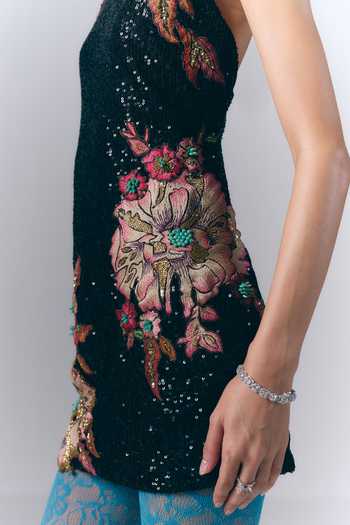 Varun Bahl_Black Net Halter Neck Sequin Embroidered Short Dress _Online_at_Aza_Fashions