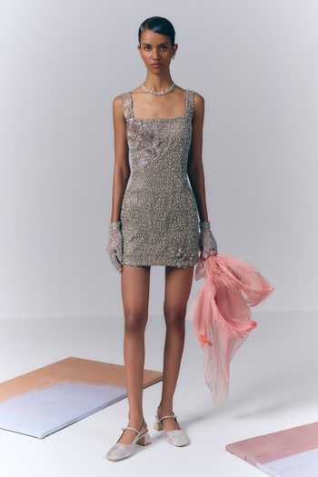 Varun Bahl_Grey Net Square Neck Embroidered Short Dress _Online_at_Aza_Fashions