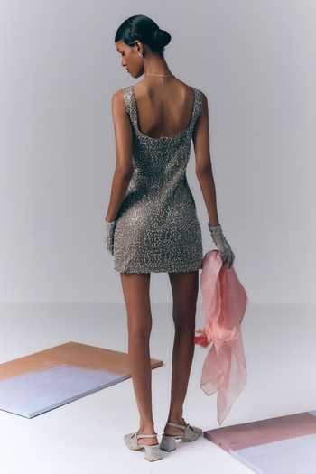 Shop_Varun Bahl_Grey Net Square Neck Embroidered Short Dress _at_Aza_Fashions
