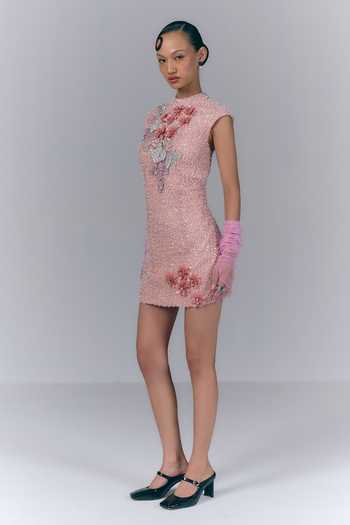 Varun Bahl_Pink Net High Neck Whisper Mini Dress _Online_at_Aza_Fashions